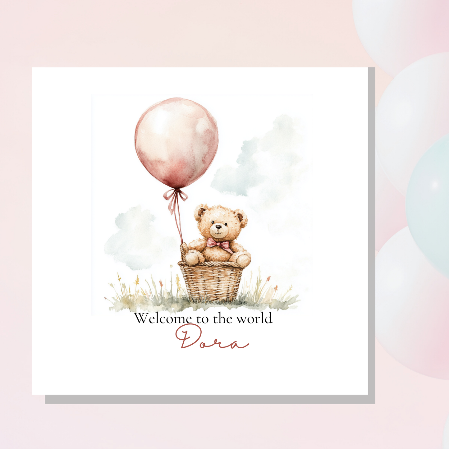 Welcome to the word, personalized new baby card Teddy