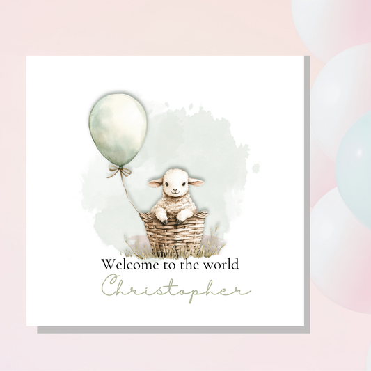 Welcome to the word, personalized new baby card Lamb