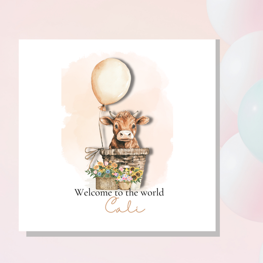 Welcome to the word, personalized new baby card Highland cow