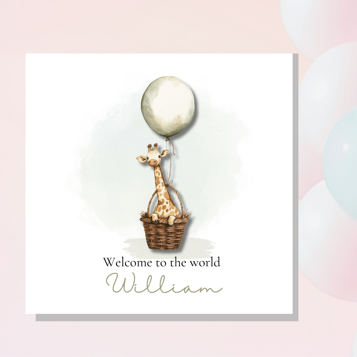 Welcome to the word, personalized new baby card Giraffe