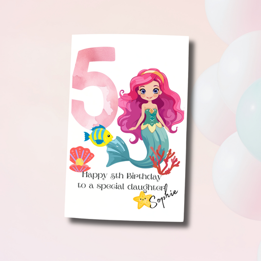 Mermaid 5th birthday card