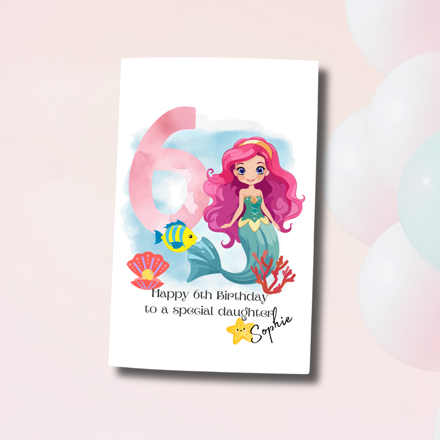 Mermaid 6th birthday card