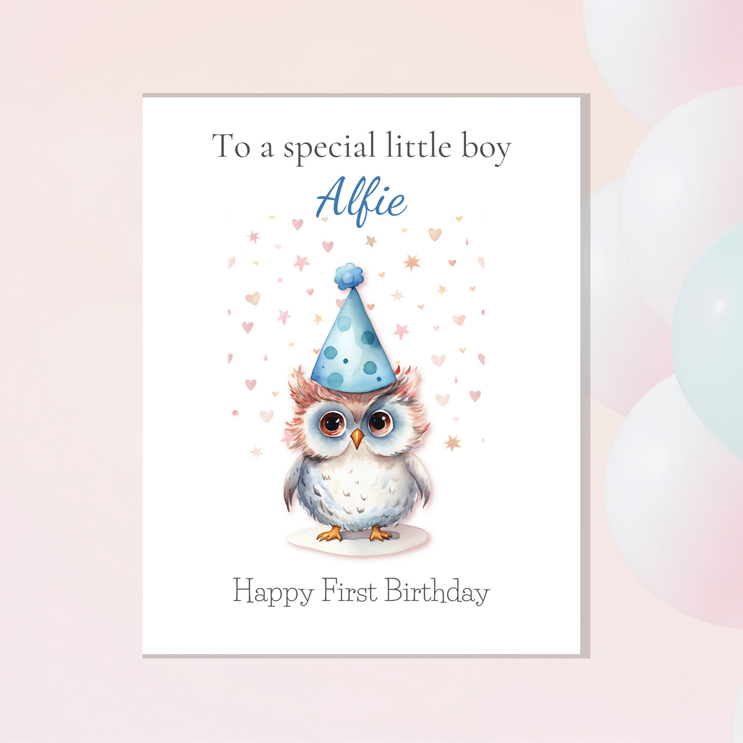 Owl first birthday card -boy